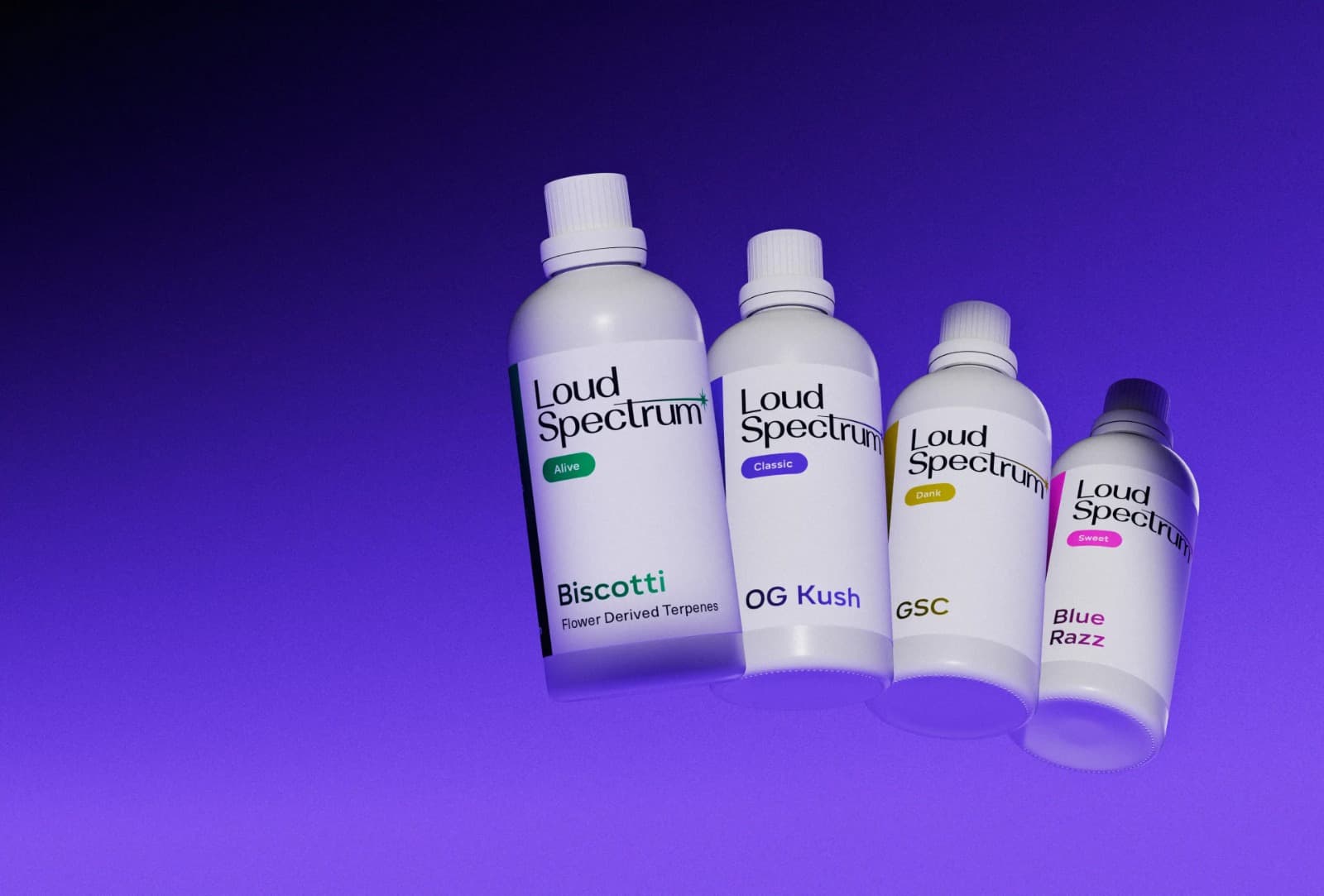 Four white bottles of Loud Spectrum flower-derived terpenes arranged in a row against a solid purple background. The bottles feature different color-coded labels for various strains: Biscotti with green accents, OG Kush with purple, GSC with yellow, and Blue Razz with pink. Each bottle has a white ribbed screw cap and a clean, minimalist design.