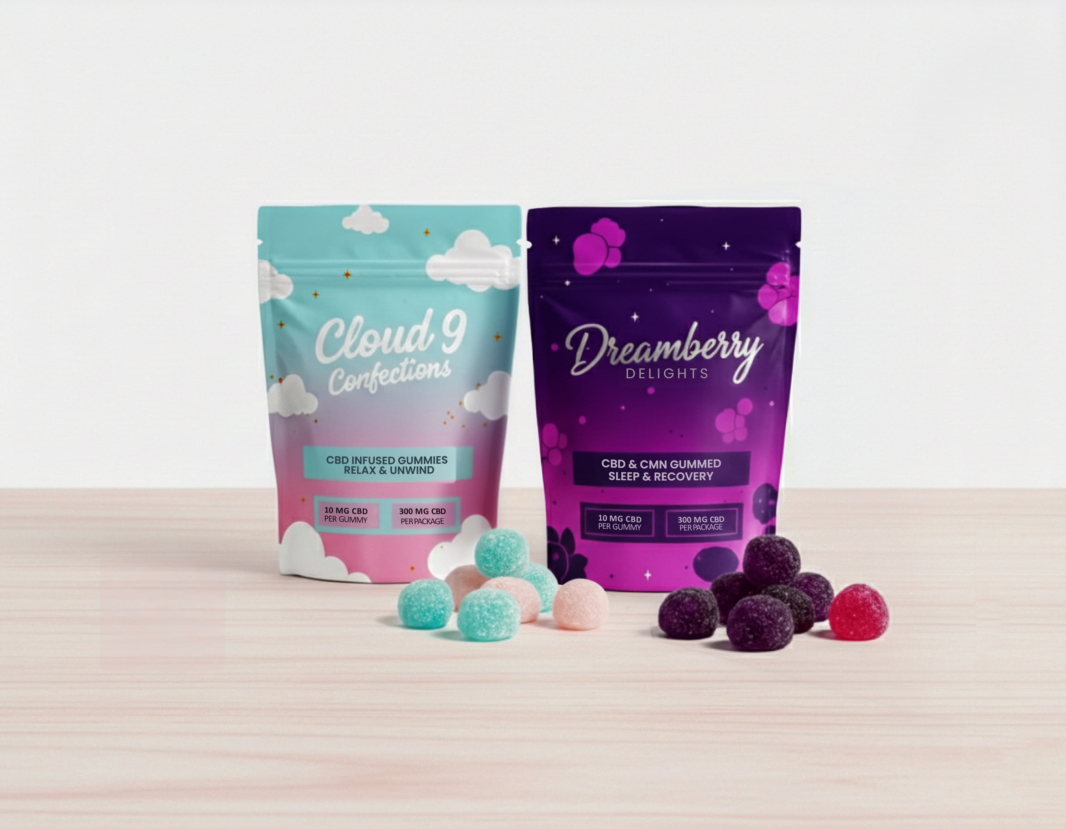 Two stand-up pouches of CBD gummies: one light blue with cloud designs  and one deep purple with berry designs. In front of the bags, several sugar-coated, colorful spherical gummies in shades of teal, pink, and dark purple are scattered on a wooden surface.