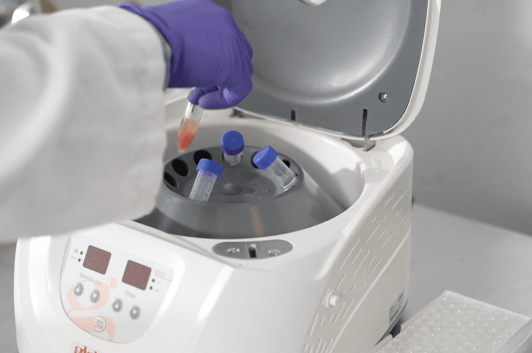 A lab technician wearing a white coat and purple nitrile gloves places a test tube into a centrifuge machine to separate and refine botanical extracts in a professional laboratory