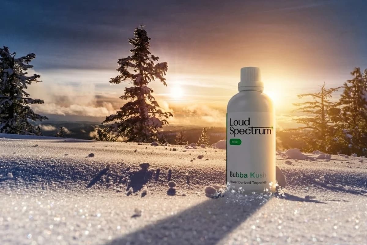 Loud Spectrum Bubba Kush bottle in snowy landscape