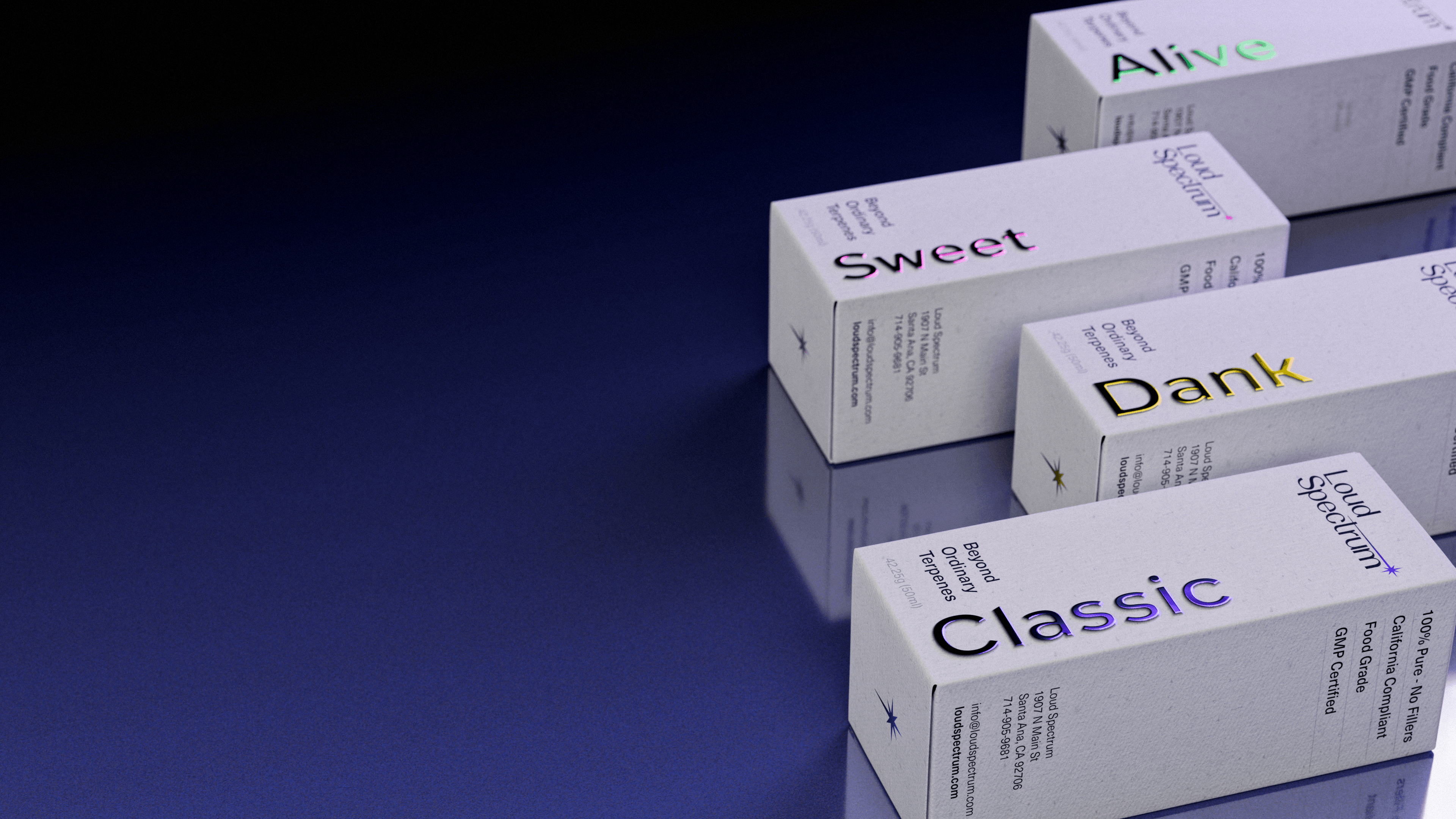 Four light gray Loud Spectrum terpene boxes arranged diagonally on a reflective surface. Each box features bold, metallic-colored text representing different product categories: Classic in purple, Dank in gold, Sweet in pink, and Alive in green. The minimalist packaging includes fine-print details such as California Compliant and GMP Certified on the side panels